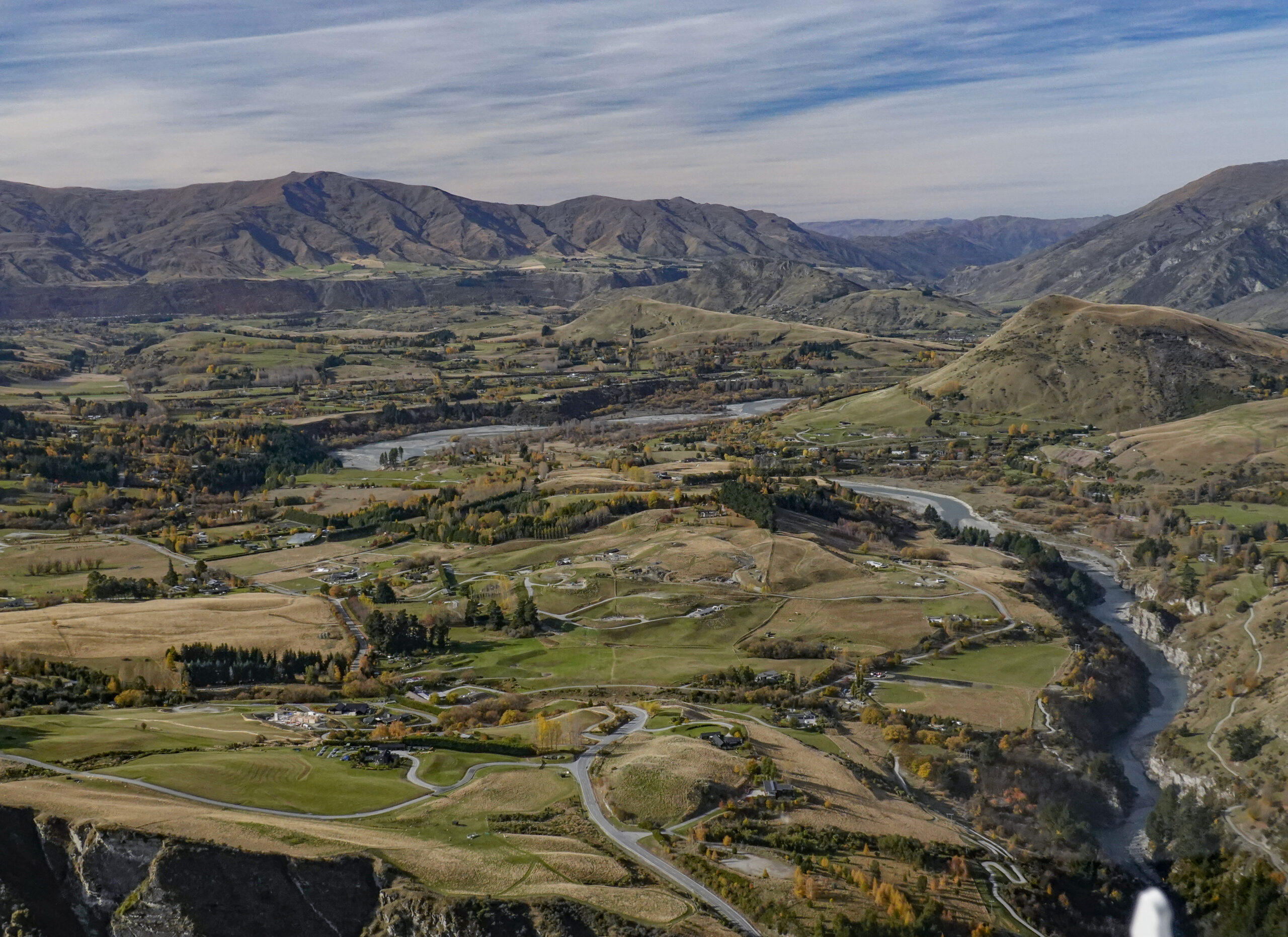 Aerial view of autumn river valleys in the Wakatipu Basin near Queenstown, New Zealand